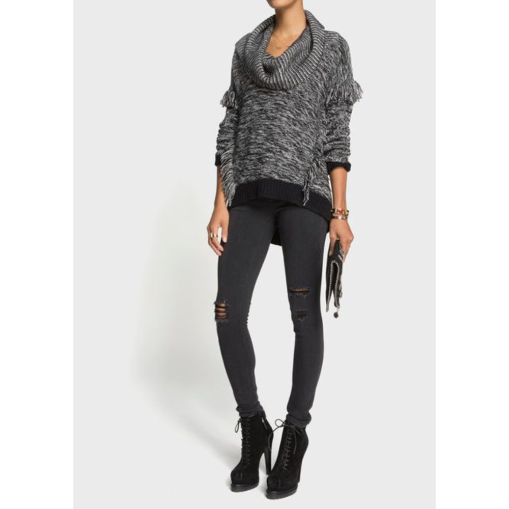 Intermix Fringe Detail Marled Turtleneck Sweater S